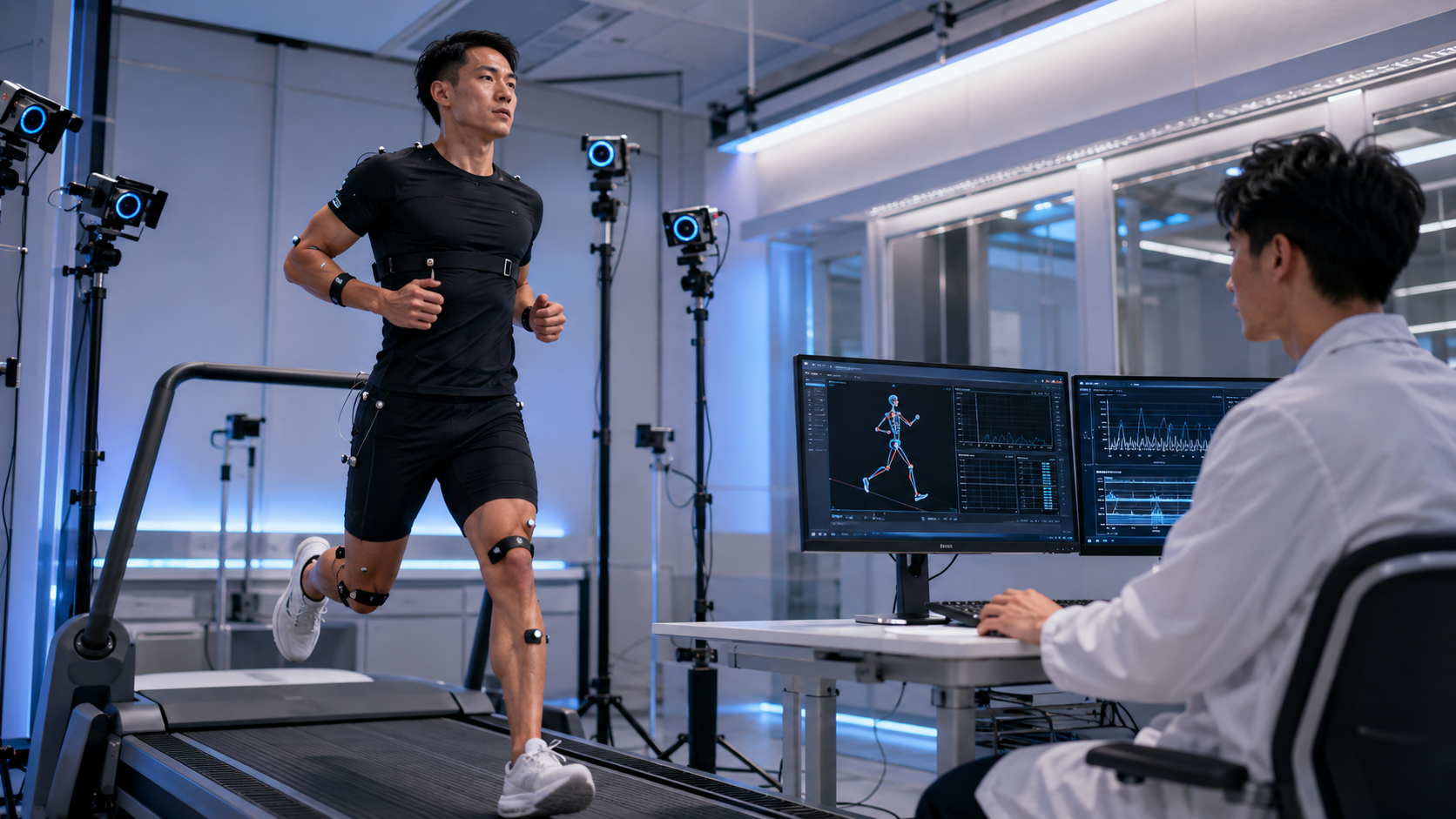 A person moving across a force plate in a movement laboratory.