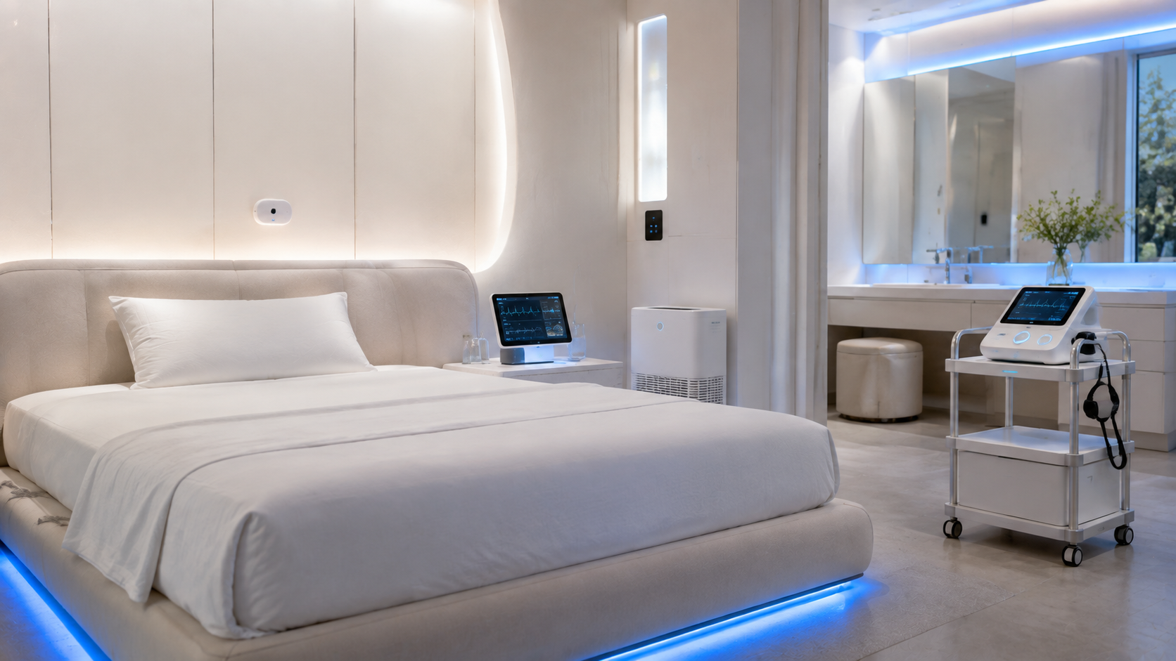 A quiet bedroom at night with a sleep-tracking wearable resting on a table.