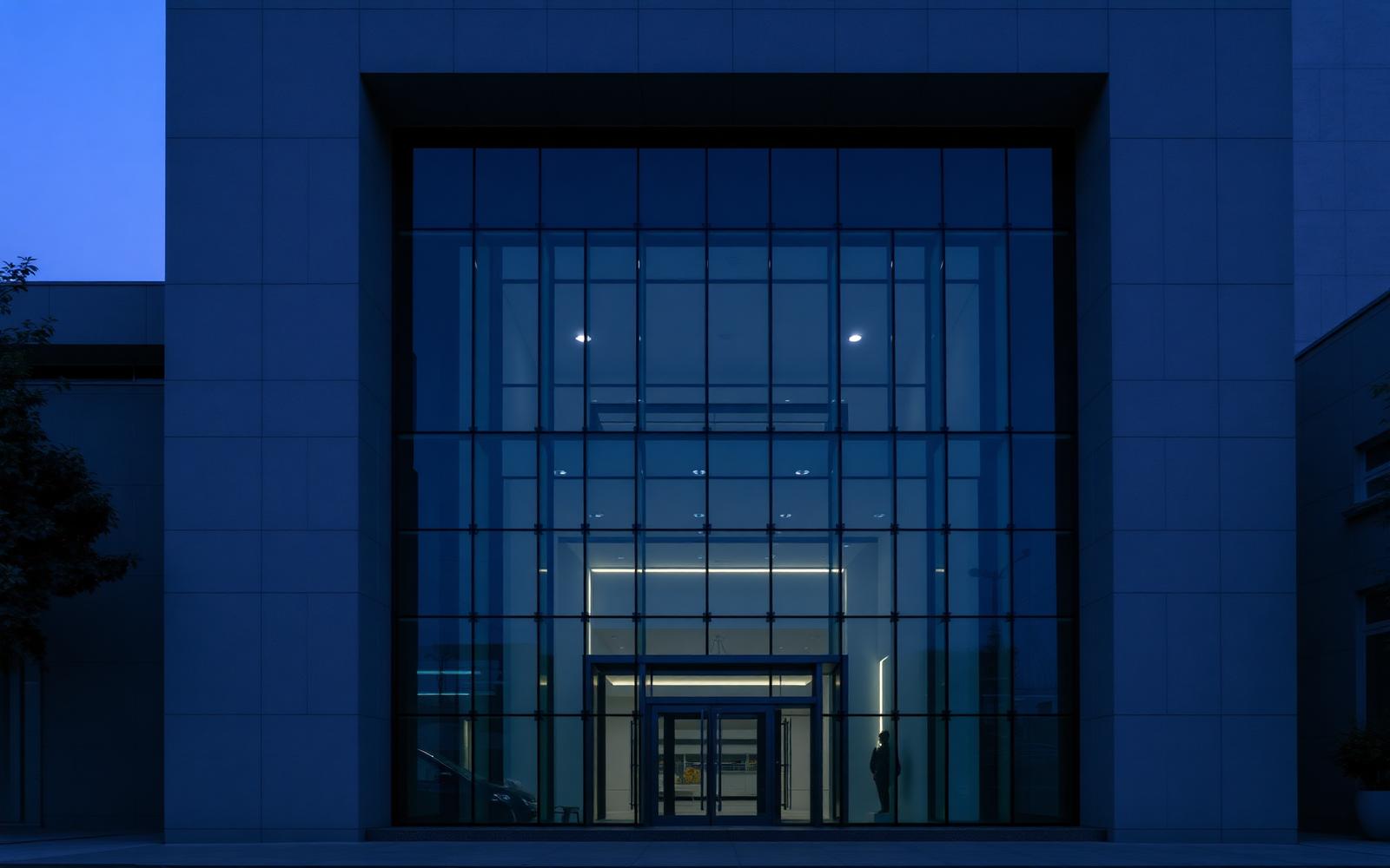 A contemporary research institute building at blue hour.